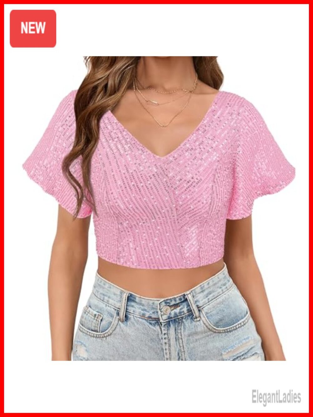 Sequin Ruffle V-Neck Crop Top Short Sleeve Sparkly Party Tee